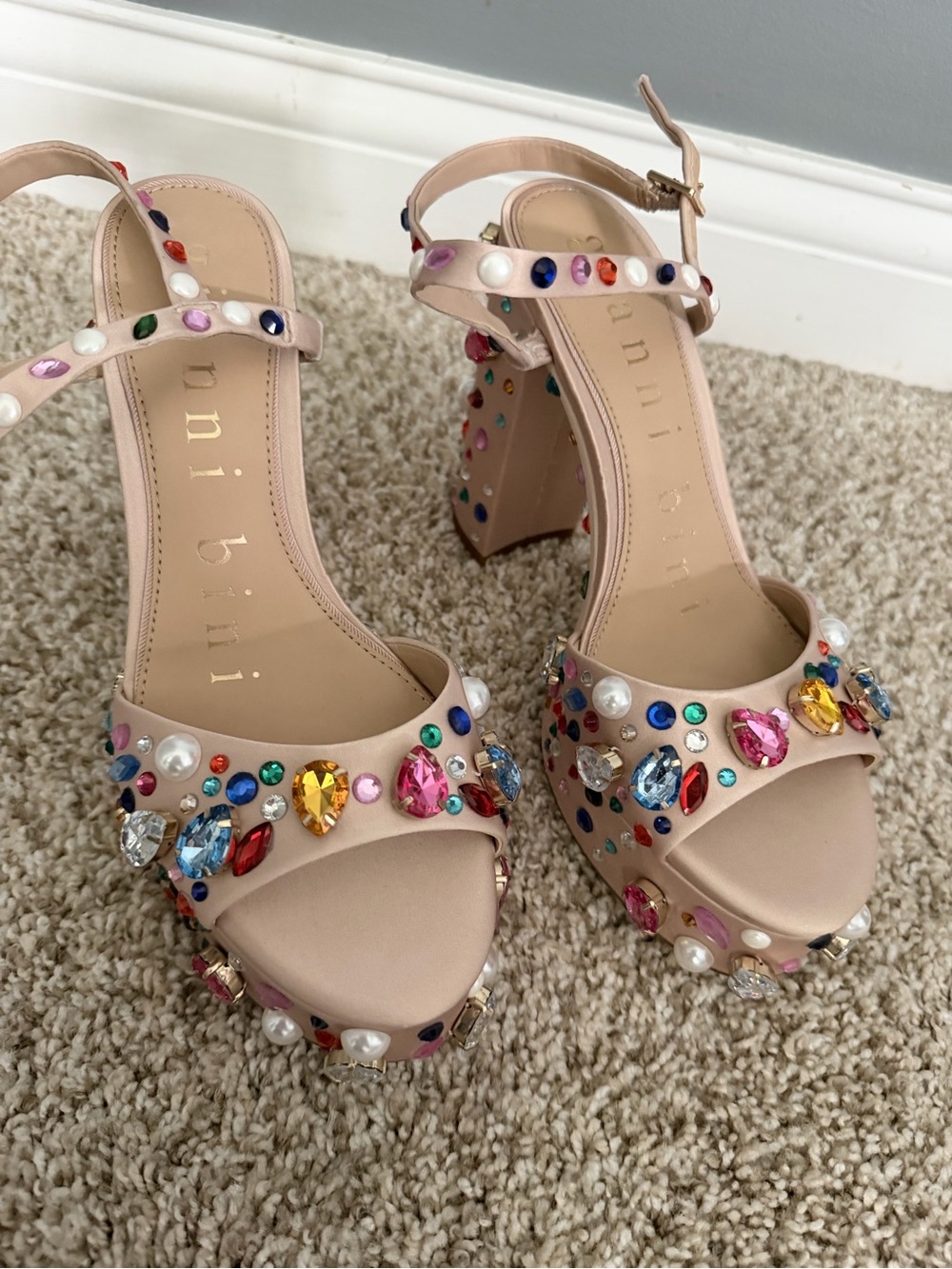 Nude Jeweled Platform Block Heels - Women's - Picture 2 of 7